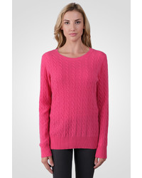 J CASHMERE Hot Pink Cashmere Cable Knit Crewneck Sweater