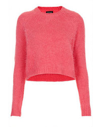 Topshop Knitted Fluffy Crew Neck Cropped Jumper With Curve Hem Detail In Bubblegum Pink 80% Acrylic20% Nylon Machine Washable