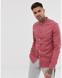 ASOS DESIGN Stretch Slim Denim Shirt In Pink With Grandad Collar