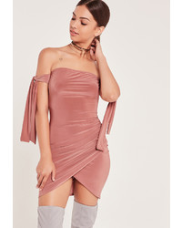 Missguided Slinky Tie Detail Bardot Mini Dress Pink