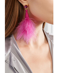 Oscar de la Renta Feather Crystal And Bead Earrings Bright Pink
