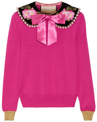 Gucci Embellished Cashmere And Silk Blend Sweater Fuchsia
