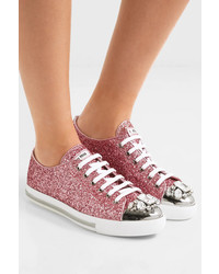 Miu Miu Crystal Embellished Glittered Leather Sneakers