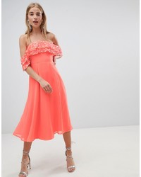 ASOS DESIGN Bardot Midi Dress With Embellished Frill Top