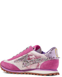 Marc Jacobs Astor Embellished Printed Canvas Leather And Suede Sneakers Fuchsia