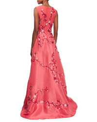 Monique Lhuillier Sleeveless Bird Embroidered A Line Gown Pink