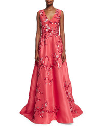 Monique Lhuillier Sleeveless Bird Embroidered A Line Gown Pink