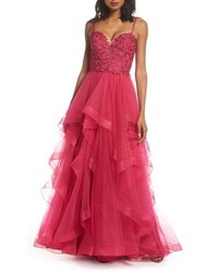 Hot Pink Embroidered Lace Evening Dress