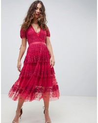 Needle & Thread Embroidered Lace Tiered Midi Dress In Berry