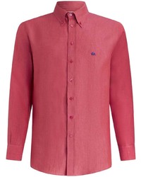 Hot Pink Embroidered Linen Long Sleeve Shirt