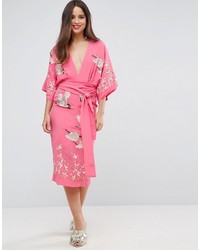 Asos Embroidered Kimono Bird Midi Dress
