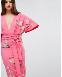 Asos Embroidered Kimono Bird Midi Dress