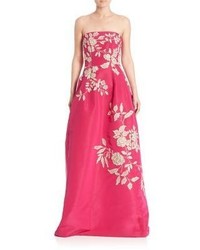 Oscar de la Renta Strapless Floral Embroidered Silk Gown