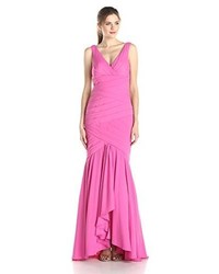 JS Collections Js Collection Ruched V Neck Stretch Mermaid Gown With Cascading Skirt