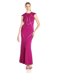 JS Collections Js Collection Stretch Crepe And Mesh Contoured Cap Sleeve Gown