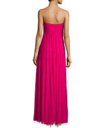 La Femme Strapless Sweetheart Ruched Mesh Gown Fuchsia