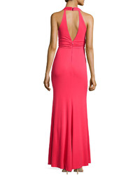 Nicole Miller V Neck Fitted Crepe Gown Candy Pink