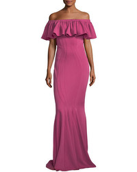 Zac Posen Zac Crystal Off The Shoulder Pintuck Trumpet Evening Gown