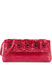Nancy Gonzalez Floral Crocodile Flap Clutch Bag Medium Pink