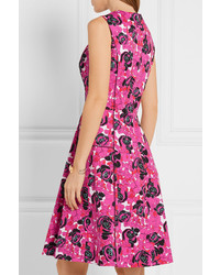 Oscar de la Renta Floral Print Stretch Cotton Poplin Dress Fuchsia