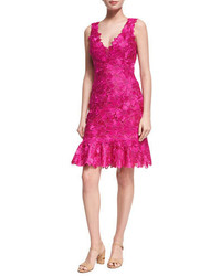 Monique Lhuillier Floral Guipure Lace Sleeveless Flounce Dress Bright Pink