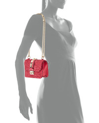 Valentino Mini Lock Floral Appliqu Leather Shoulder Bag Fuchsia