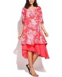 Pink Floral Ruffle Linen Midi Dress