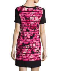 Marc New York By Andrew Marc Striped Floral Print Short Sleeve Dress Fuchsia