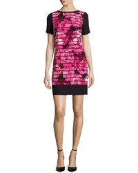 Marc New York By Andrew Marc Striped Floral Print Short Sleeve Dress Fuchsia