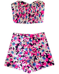 Choies Limited Edition Pink Floral Crop Top With High Waist Shorts