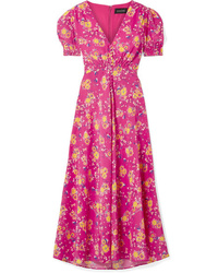 Saloni Lea Floral Print Silk De Chine Midi Dress
