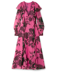 Carolina Herrera Ruffled Floral Print Silk Chiffon Midi Dress