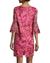 Badgley Mischka 34 Sleeve Floral Silk Shift Dress Pink