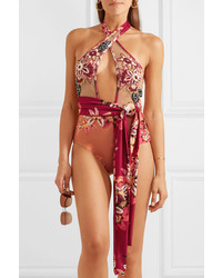 Patbo Cutout Embellished Tulle And Floral Print Halterneck Swimsuit