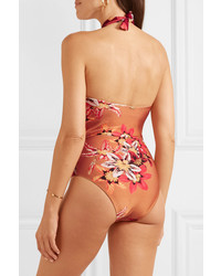 Patbo Cutout Embellished Tulle And Floral Print Halterneck Swimsuit