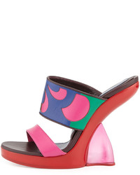 Hot Pink Geometric Leather Wedge Sandals