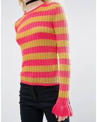 Asos Sweater In Metallic Stripe With Ruffle Sleeve Detail