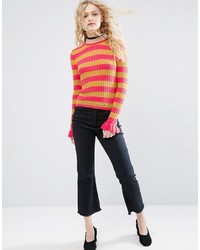 Asos Sweater In Metallic Stripe With Ruffle Sleeve Detail