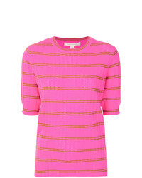 Hot Pink Horizontal Striped Short Sleeve Sweater