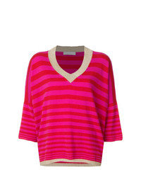 Hot Pink Horizontal Striped V-neck Sweater