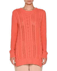 Agnona Vented Cable Knit Pullover Sweater Coral Pink