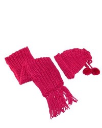 CTM Chunky Knit Scarf And Throwback Beanie Set Dark Pink One Size