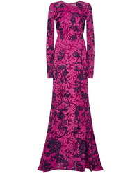 Oscar de la Renta Floral Lace Appliqu Long Sleeved Gown
