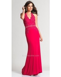 Dave and Johnny Halter Lace Keyhole Back Prom Dress