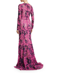 Oscar de la Renta Long Sleeve Two Tone Lace Gown Magenta