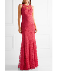 Marchesa Notte Tulle Paneled Metallic Guipure Lace Gown Fuchsia