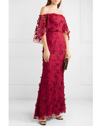 Marchesa Notte Off The Shoulder Embroidered Appliqud Tulle Gown