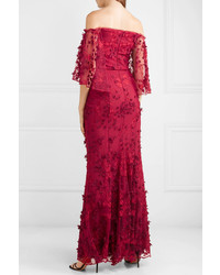 Marchesa Notte Off The Shoulder Embroidered Appliqud Tulle Gown