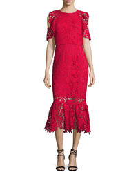 Shoshanna Francoise Cold Shoulder Lace Midi Dress Raspberry
