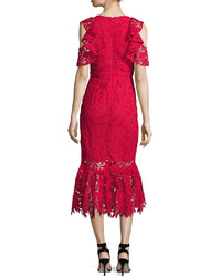 Shoshanna Francoise Cold Shoulder Lace Midi Dress Raspberry